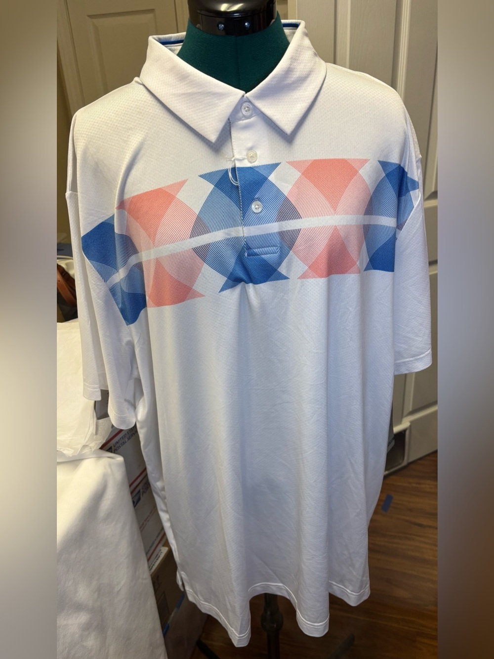 PGA Tour White Polo Shirt with Argyle Blue & Red Geometric Design • NWT